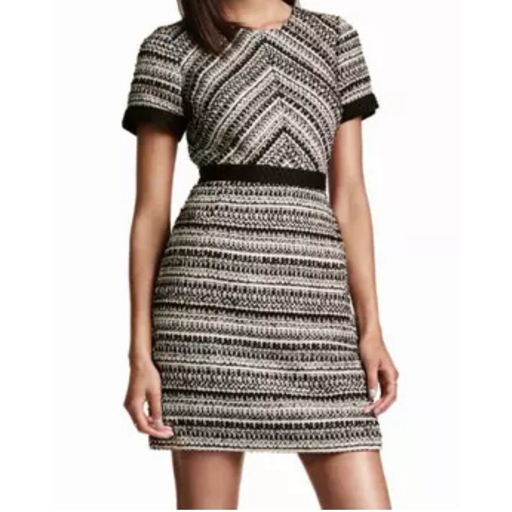 H&M Tweed Dress Black White Metallic Chevron Geo Structured Sheath Mini 4